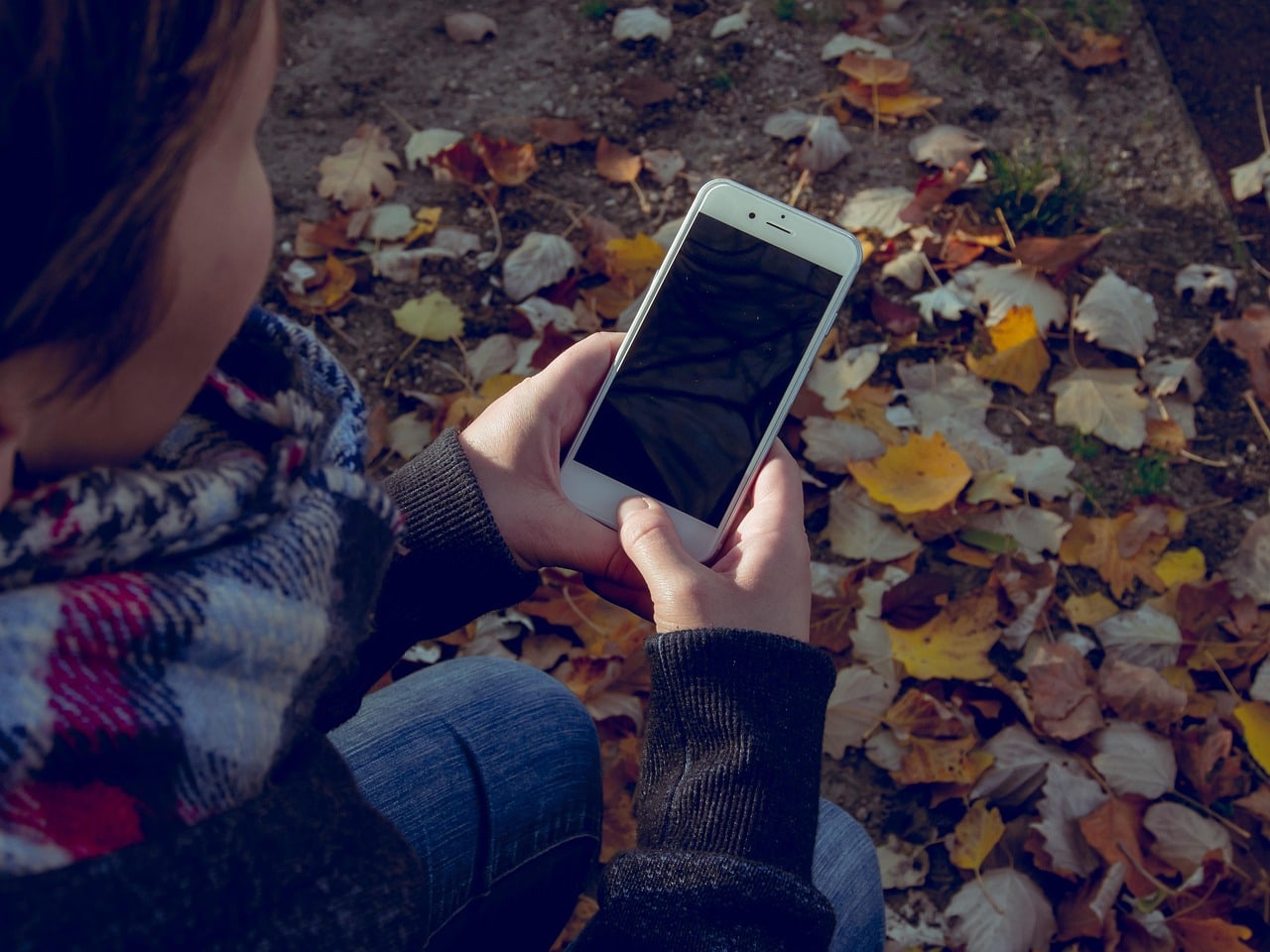 Person holding an iPhone outdoors in autumn sunlight