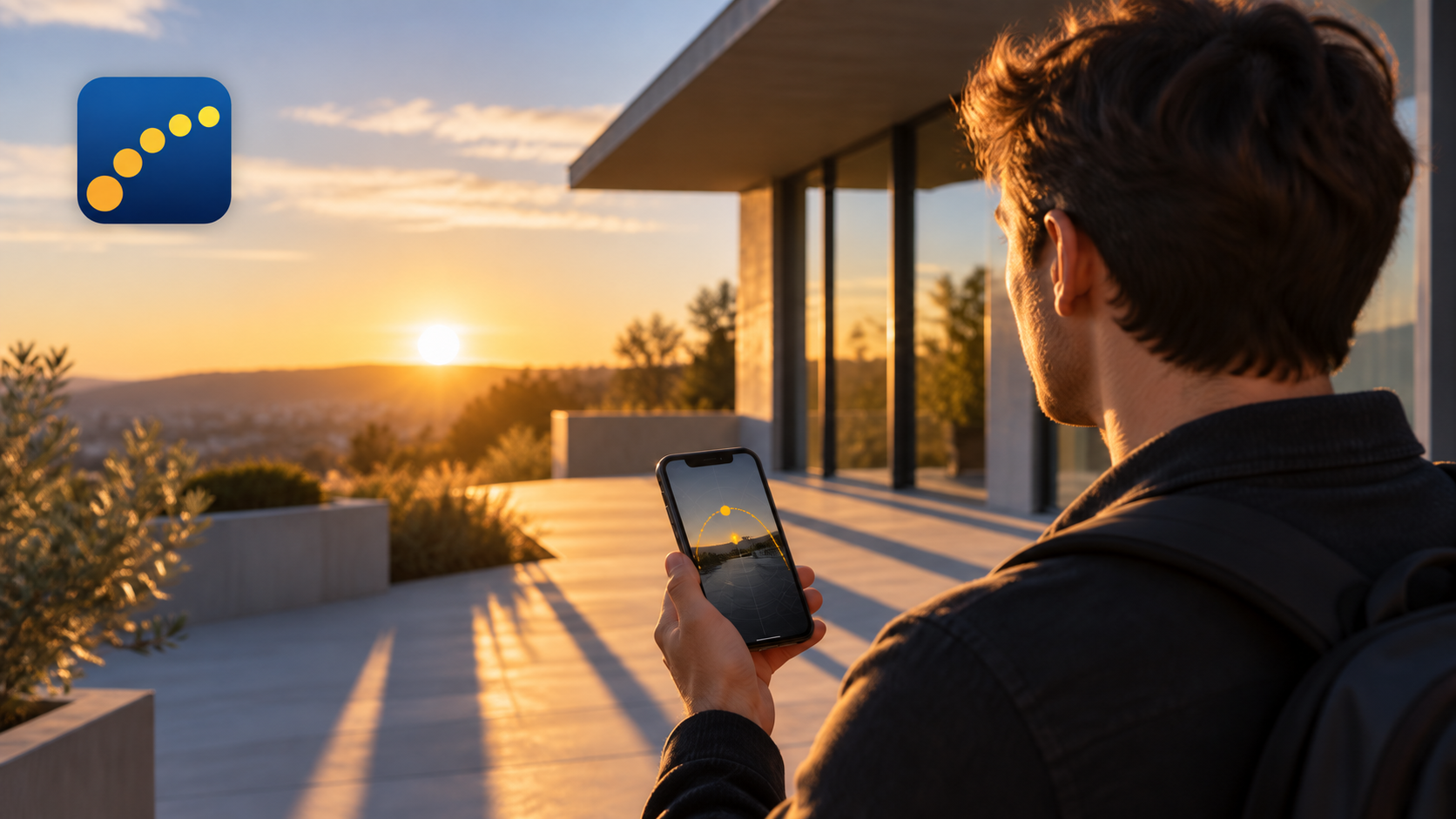 Sun Tracker AR icon over a sunlit building terrace with long architectural shadows