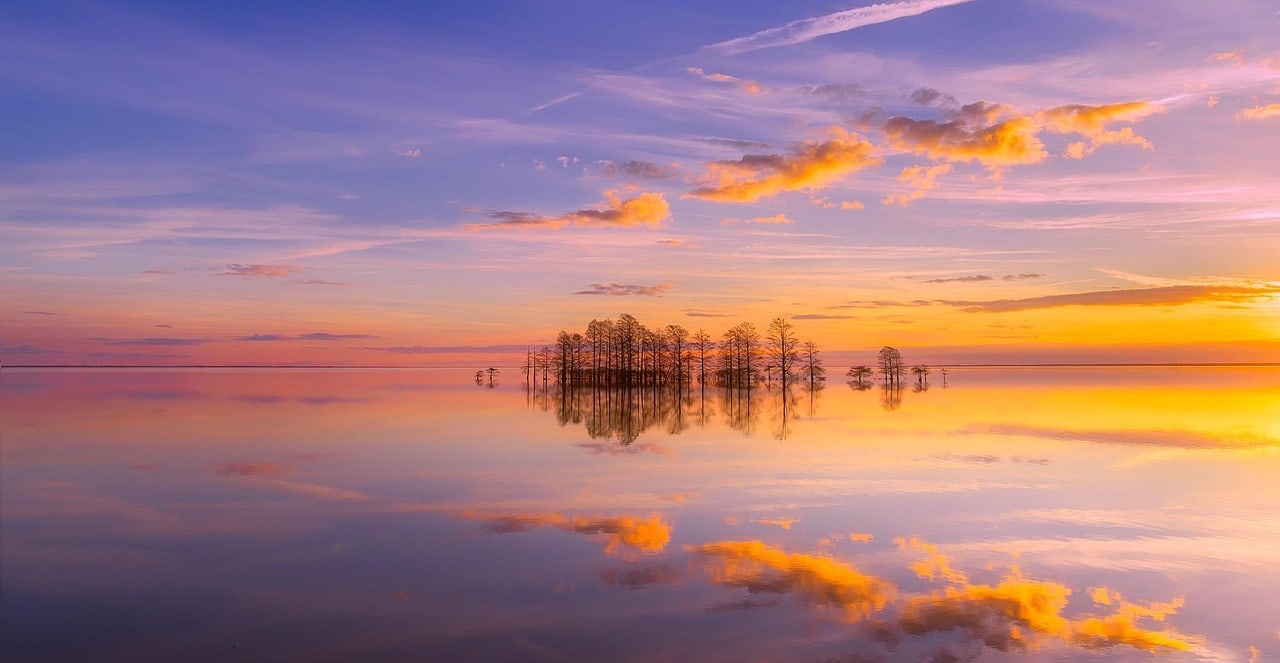Orange and pink sunset clouds reflected in a lake above silhouetted trees