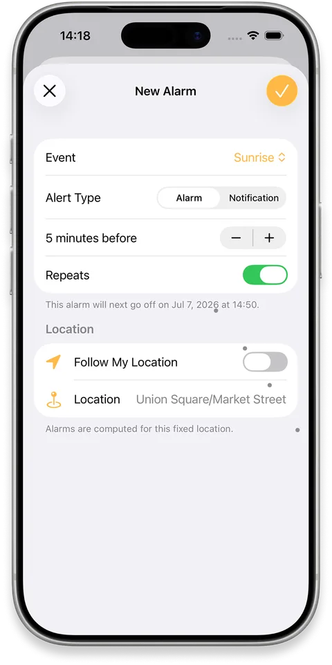 iPhone showing solar alarm settings for sun events