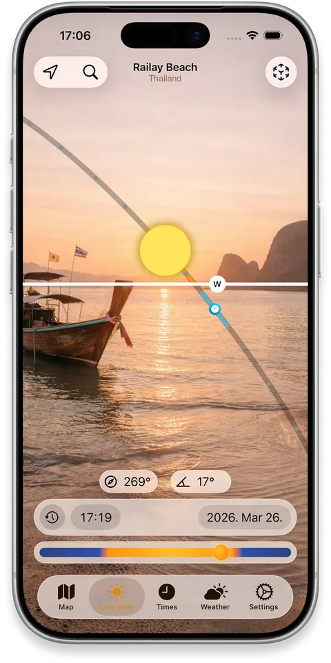 iPhone showing the sun path drawn over a real building in AR