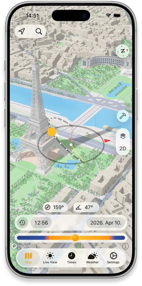 iPhone map showing 3D building shadows across a city block