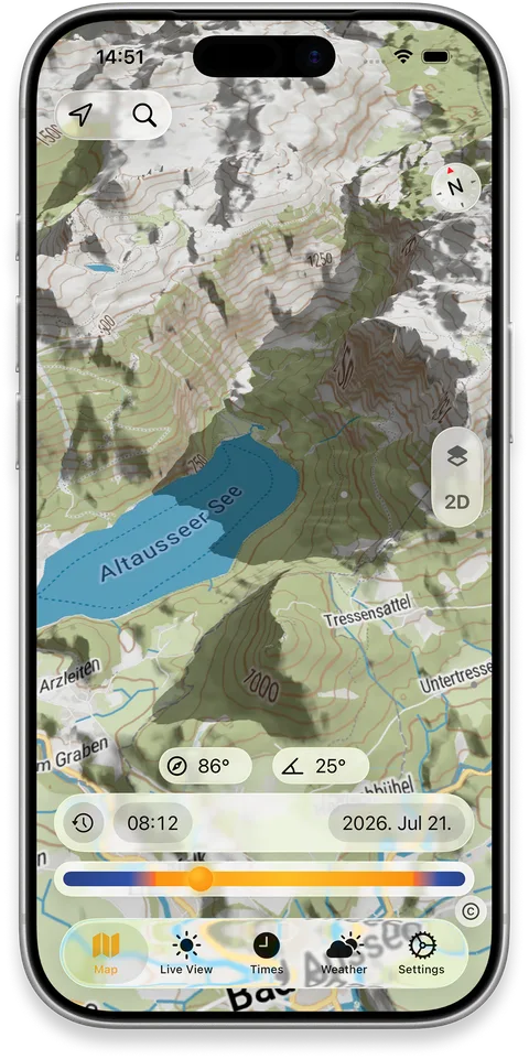 iPhone map showing shadows cast by surrounding terrain