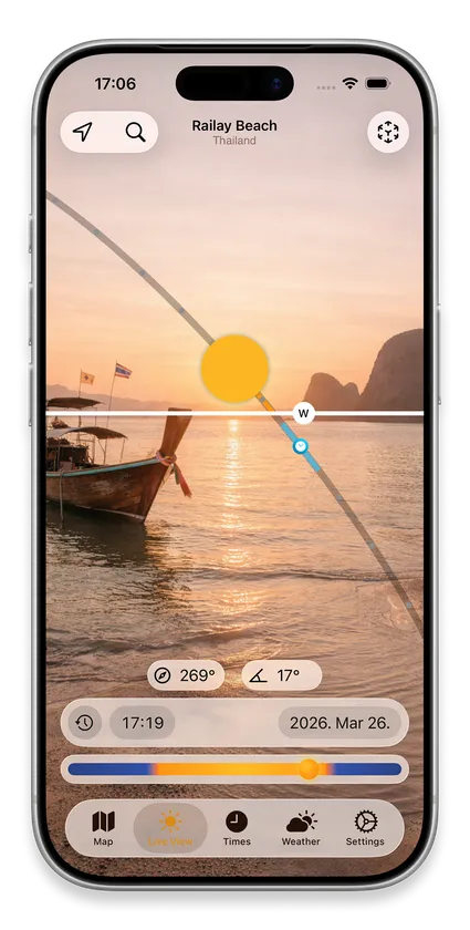 iPhone showing the sun path drawn over a real building in AR