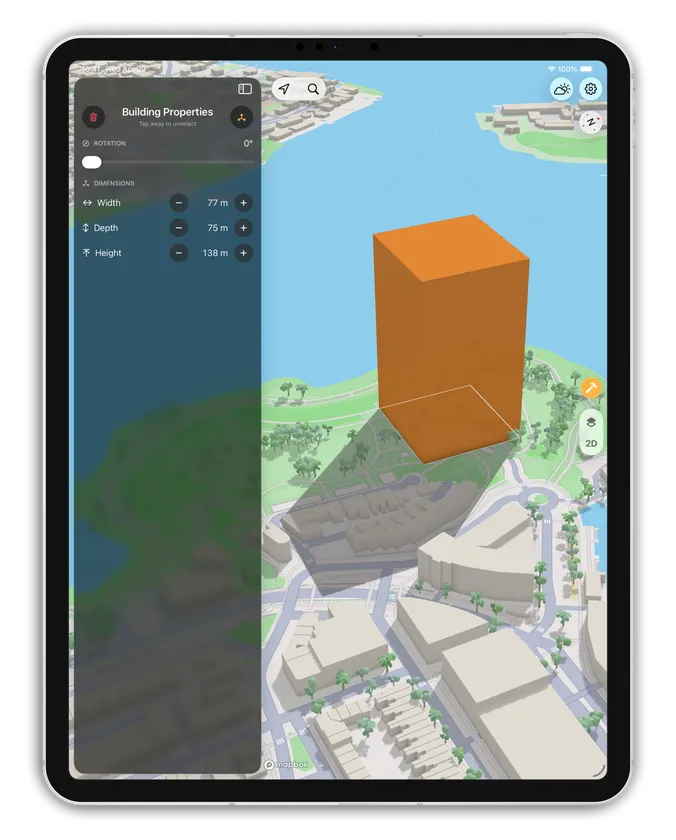 Preview of a planned building's shadow on neighboring streets