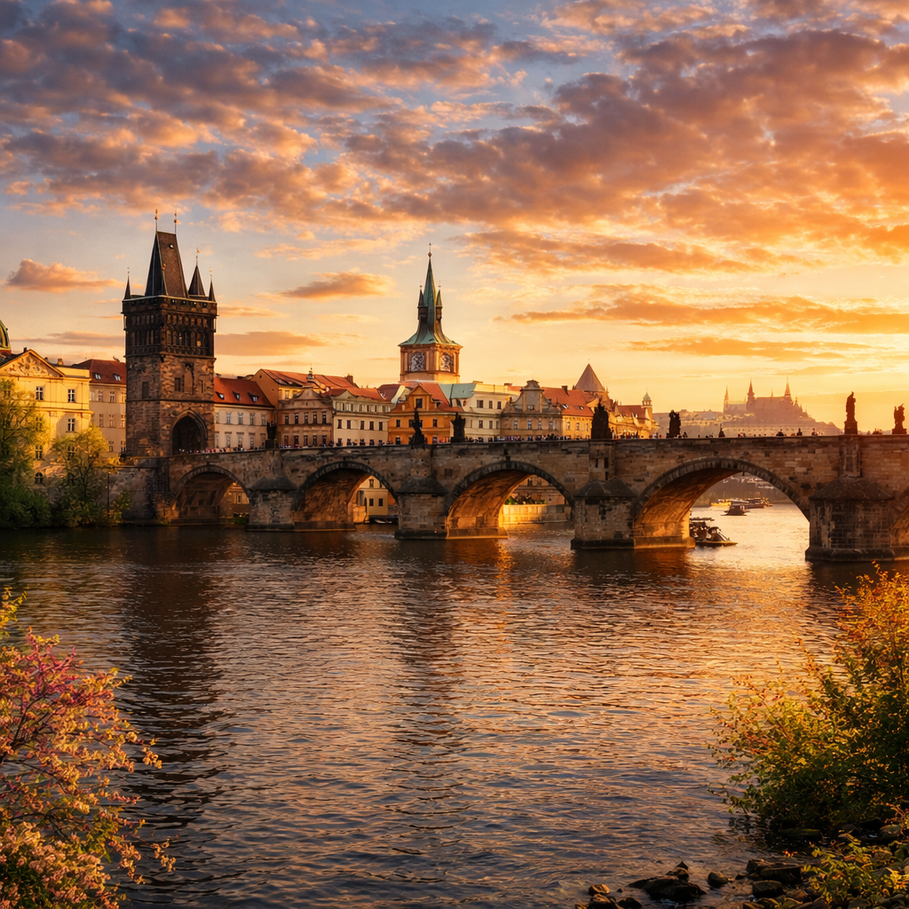 Charles Bridge bathed in golden-hour light
