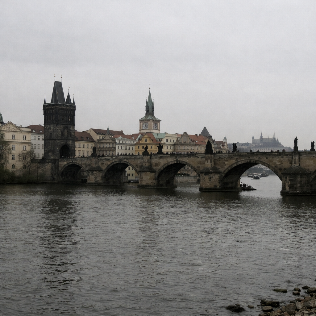 Charles Bridge under flat, overcast light