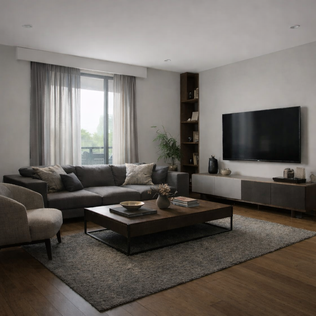 Dim, cool living room with little natural light